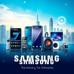 A creative and visually captivating thumbnail for the history of Samsung, featuring iconic Samsung products like the first mobile phone, Galaxy smartphones, and modern smart home devices
