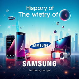 A creative and visually captivating thumbnail for the history of Samsung, featuring iconic Samsung products like the first mobile phone, Galaxy smartphones, and modern smart home devices