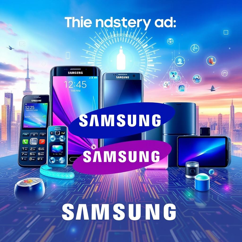 A creative and visually captivating thumbnail for the history of Samsung, featuring iconic Samsung products like the first mobile phone, Galaxy smartphones, and modern smart home devices