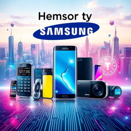 A creative and visually captivating thumbnail for the history of Samsung, featuring iconic Samsung products like the first mobile phone, Galaxy smartphones, and modern smart home devices