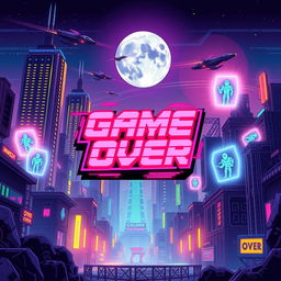 A vibrant and detailed pixel art style game over screen set in a cyberpunk universe