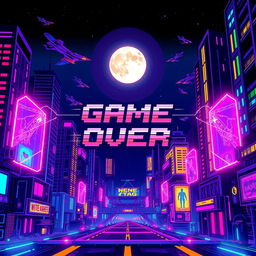 A vibrant and detailed pixel art style game over screen set in a cyberpunk universe