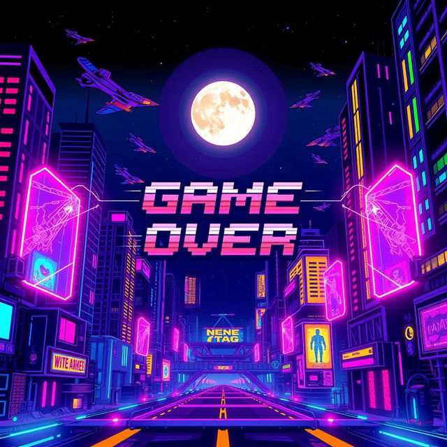 A vibrant and detailed pixel art style game over screen set in a cyberpunk universe