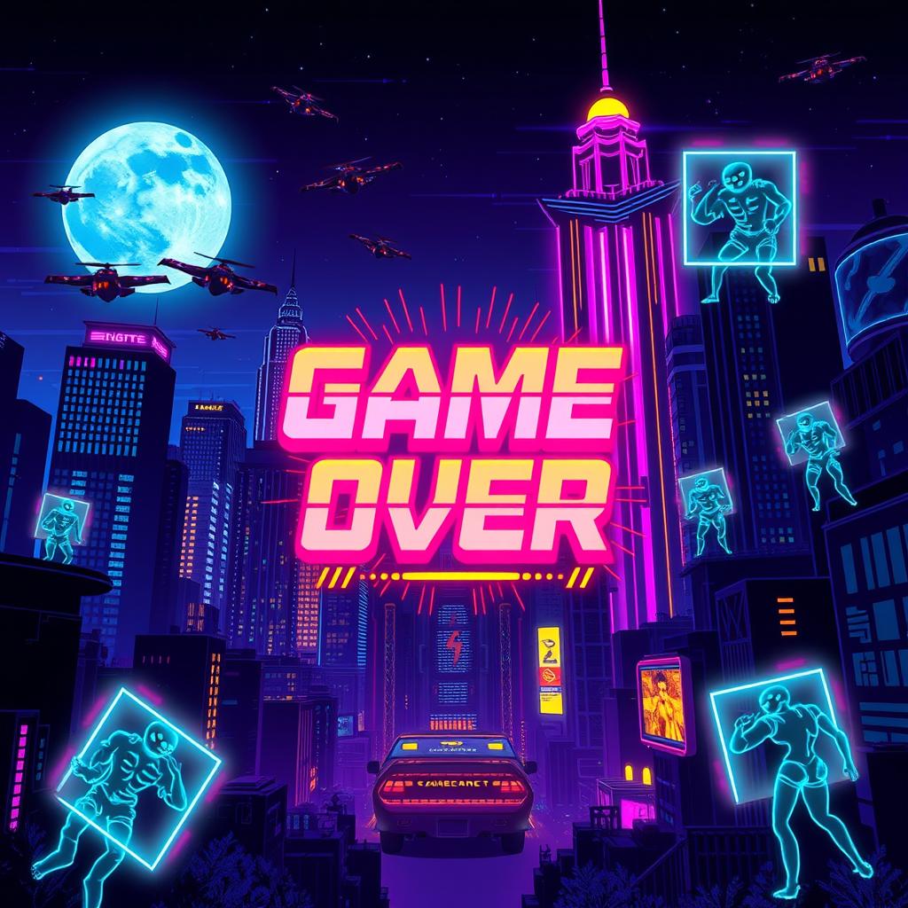 A vibrant and detailed pixel art style game over screen set in a cyberpunk universe