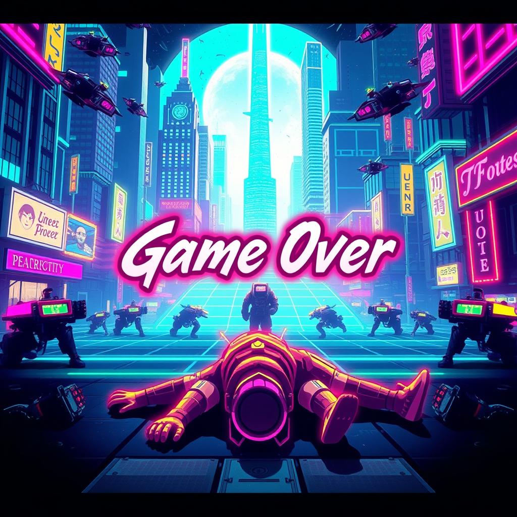 A vibrant cyberpunk game over screen, depicted in a pixel art style