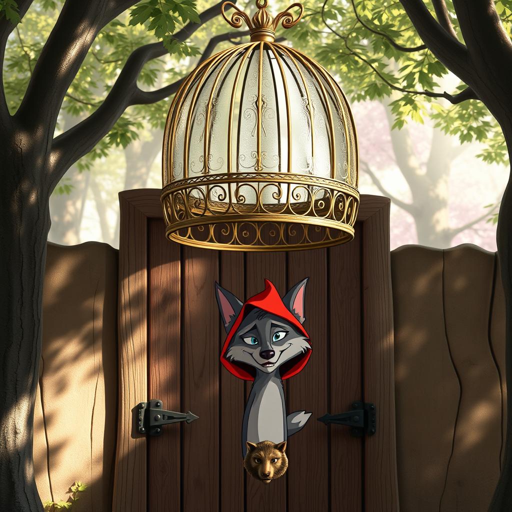 A whimsical scene featuring a large, ornate cage suspended over a wooden door, with delicate filigree patterns on the cage