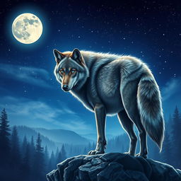A majestic wolf standing on a rocky cliff overlooking a moonlit forest, with its fur glistening under the starlight