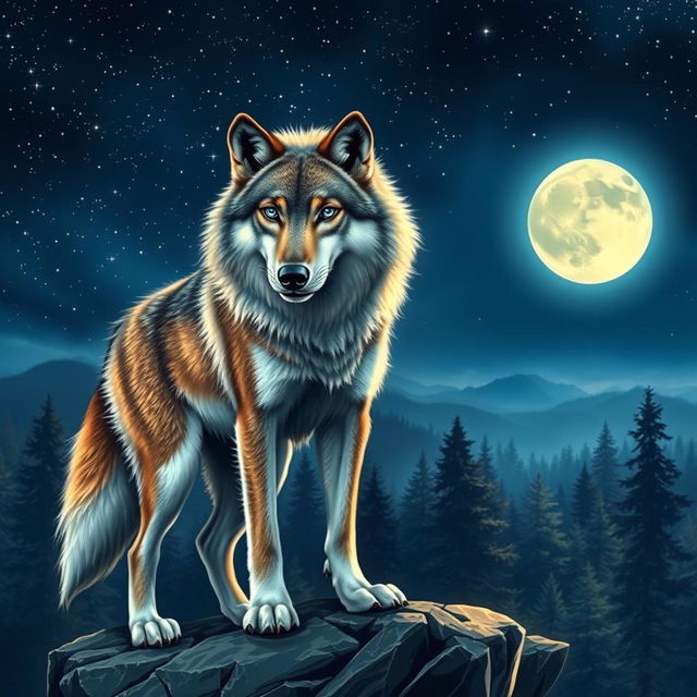 A majestic wolf standing on a rocky cliff overlooking a moonlit forest, with its fur glistening under the starlight