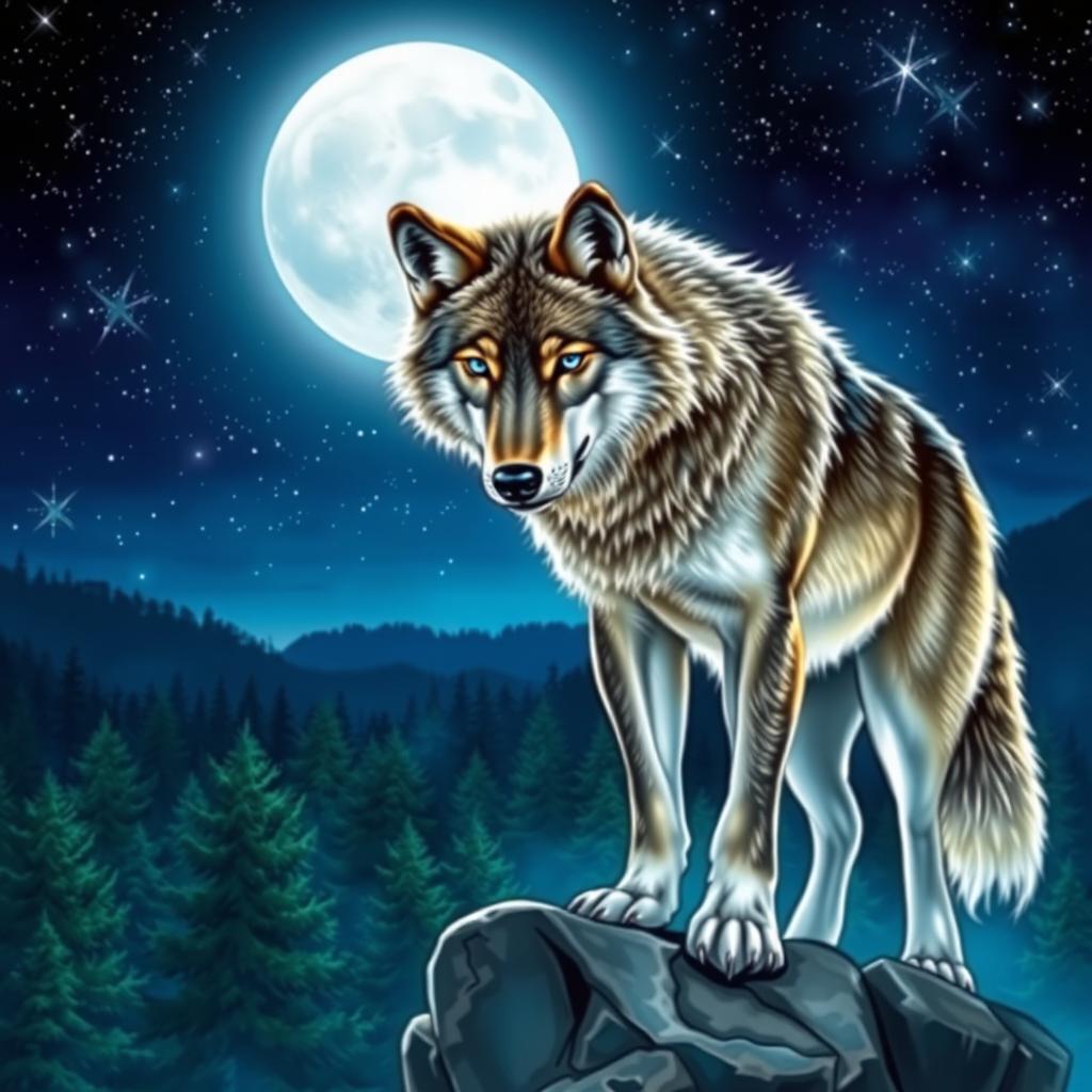 A majestic wolf standing on a rocky cliff overlooking a moonlit forest, with its fur glistening under the starlight