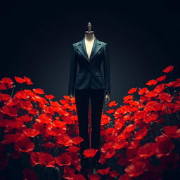 A striking photographic image featuring a stylish mannequin surrounded by a vibrant array of poppy flowers
