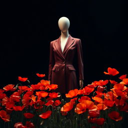 A striking photographic image featuring a stylish mannequin surrounded by a vibrant array of poppy flowers