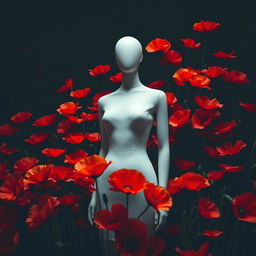 A striking photographic image featuring a stylish mannequin surrounded by a vibrant array of poppy flowers