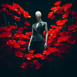 A striking photographic image featuring a stylish mannequin surrounded by a vibrant array of poppy flowers