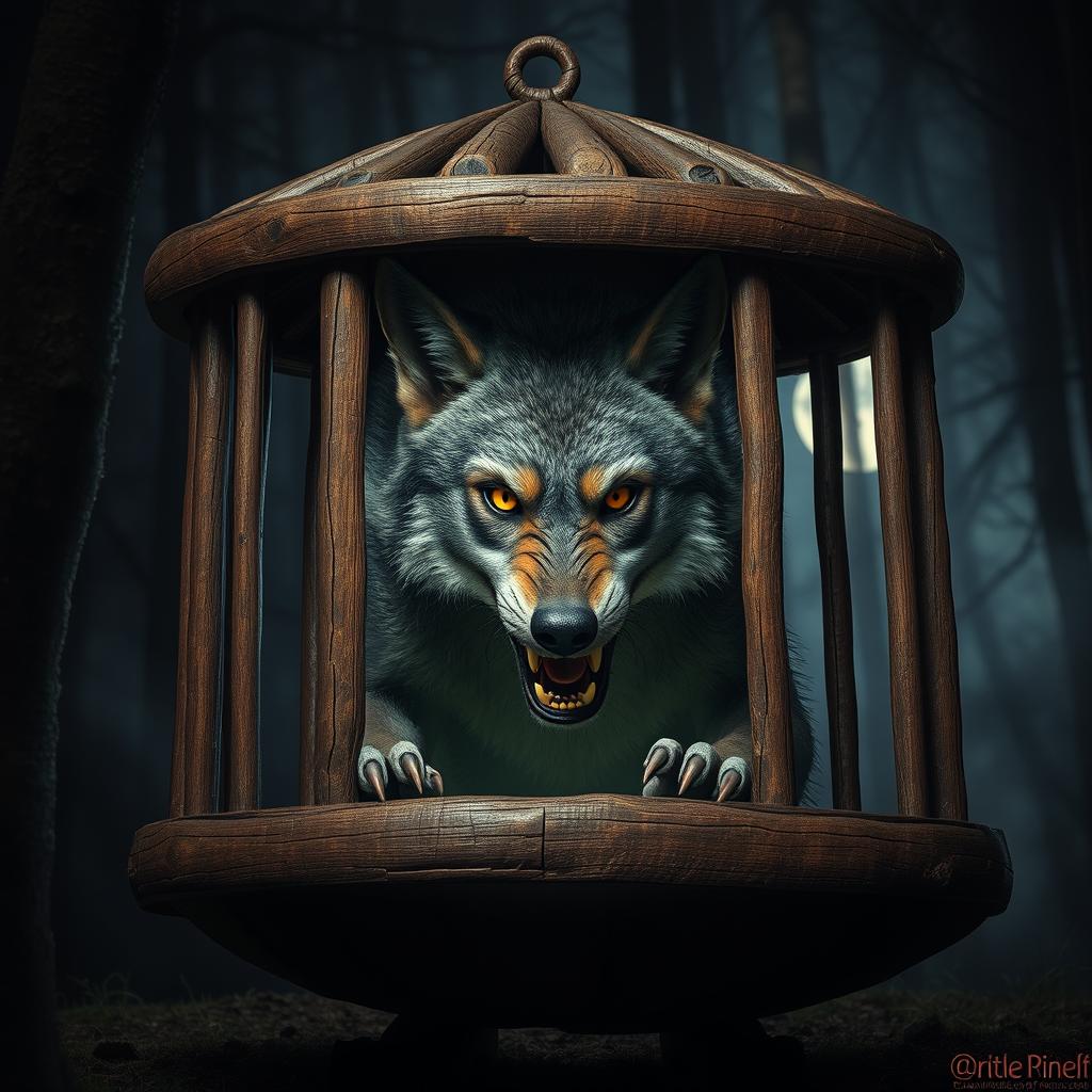 A dramatic scene featuring the wolf from Little Red Riding Hood, depicted as a fierce yet cunning creature, trapped in a rustic wooden cage