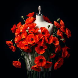 A striking photo showcasing a stylish mannequin surrounded by a lush arrangement of vibrant poppy flowers