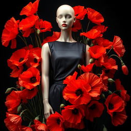 A striking photo showcasing a stylish mannequin surrounded by a lush arrangement of vibrant poppy flowers