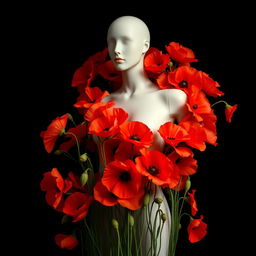 A striking photo showcasing a stylish mannequin surrounded by a lush arrangement of vibrant poppy flowers