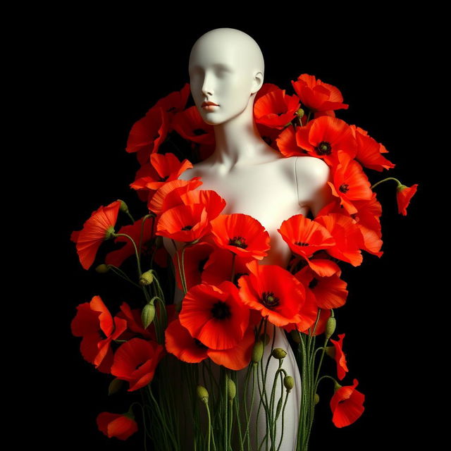 A striking photo showcasing a stylish mannequin surrounded by a lush arrangement of vibrant poppy flowers