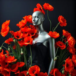 A striking photo showcasing a stylish mannequin surrounded by a lush arrangement of vibrant poppy flowers