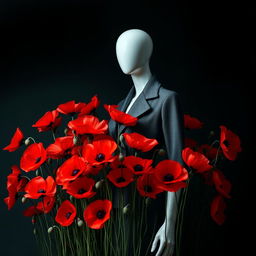 A striking image featuring a stylish mannequin surrounded by a vibrant array of poppy flowers against a dark background