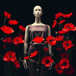 A striking image featuring a stylish mannequin surrounded by a vibrant array of poppy flowers against a dark background