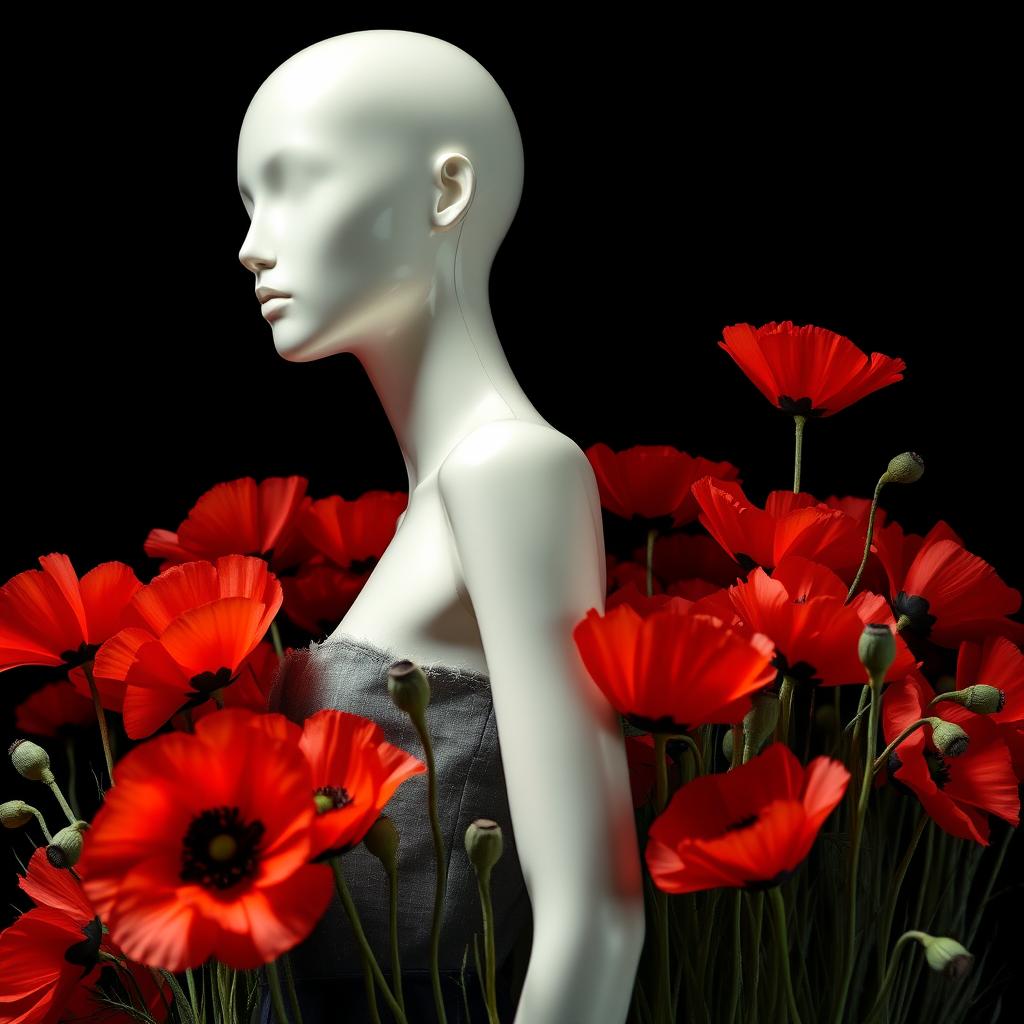 A striking image featuring a stylish mannequin surrounded by a vibrant array of poppy flowers against a dark background