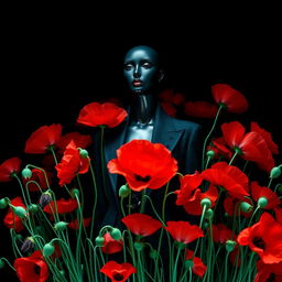 A captivating image of a stylish mannequin elegantly posed amidst a rich display of vibrant poppy flowers against a dark background