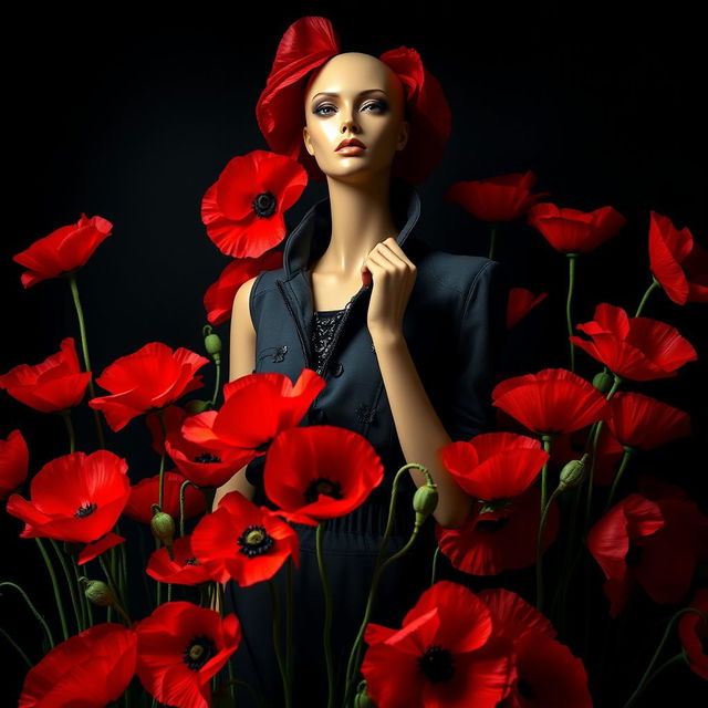 A captivating image of a stylish mannequin elegantly posed amidst a rich display of vibrant poppy flowers against a dark background