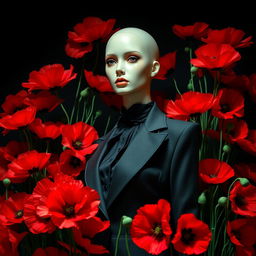 A captivating image of a stylish mannequin elegantly posed amidst a rich display of vibrant poppy flowers against a dark background