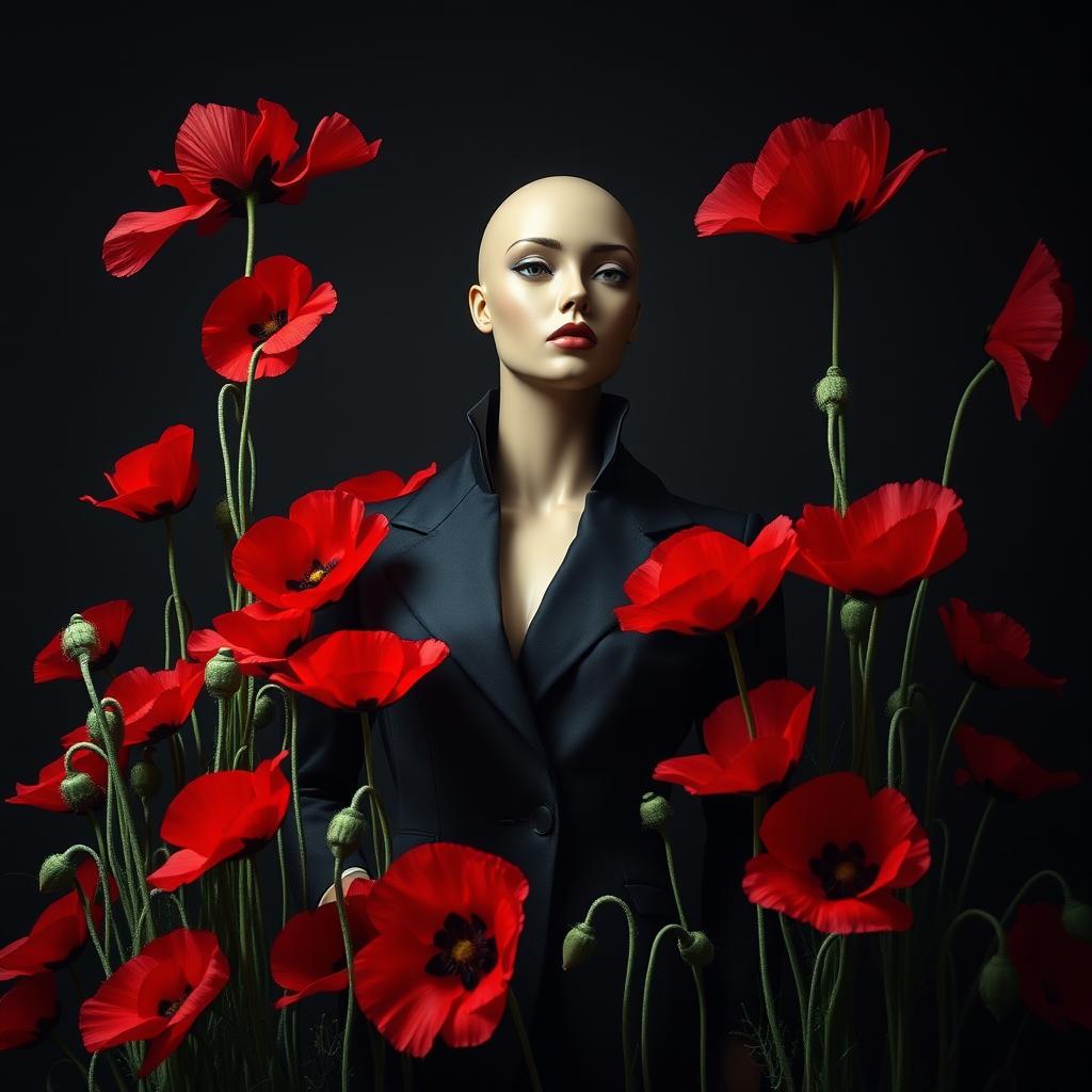 A captivating image of a stylish mannequin elegantly posed amidst a rich display of vibrant poppy flowers against a dark background