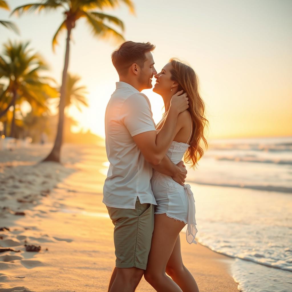 A romantic scene depicting a couple in a passionate embrace, with one partner gently kissing the other's waist