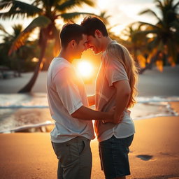 A romantic scene depicting a couple in a passionate embrace, with one partner gently kissing the other's waist