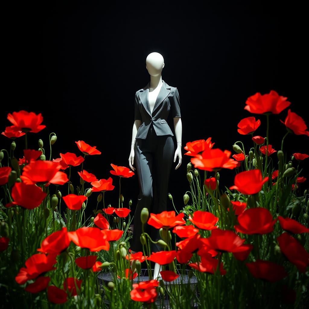 An enchanting image of a chic mannequin elegantly placed amidst a profusion of bright poppy flowers, all set against a rich, dark background