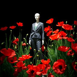 An enchanting image of a chic mannequin elegantly placed amidst a profusion of bright poppy flowers, all set against a rich, dark background