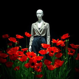 An enchanting image of a chic mannequin elegantly placed amidst a profusion of bright poppy flowers, all set against a rich, dark background
