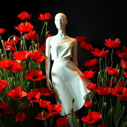 An enchanting image of a chic mannequin elegantly placed amidst a profusion of bright poppy flowers, all set against a rich, dark background