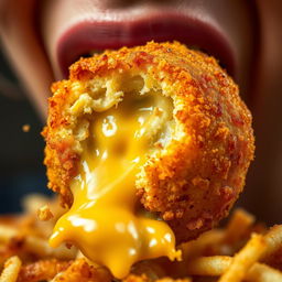 A close-up shot of a mouth biting into a crispy potato cheese ball, with molten cheese oozing out, surrounded by a soft, creamy cheese frame