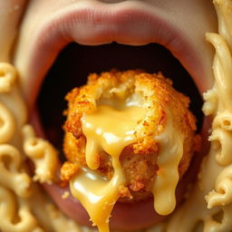 A close-up shot of a mouth biting into a crispy potato cheese ball, with molten cheese oozing out, surrounded by a soft, creamy cheese frame