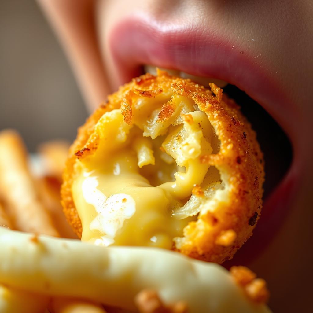 A close-up shot of a mouth biting into a crispy potato cheese ball, with molten cheese oozing out, surrounded by a soft, creamy cheese frame
