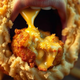 A close-up shot of a mouth biting into a crispy potato cheese ball, with molten cheese oozing out, surrounded by a soft, creamy cheese frame