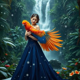 A woman dressed in a stunning navy blue gown is gently hugging a magnificent phoenix bird, its vibrant feathers contrasting beautifully with the deep blue of her dress