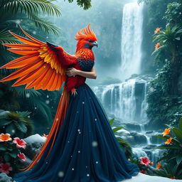 A woman dressed in a stunning navy blue gown is gently hugging a magnificent phoenix bird, its vibrant feathers contrasting beautifully with the deep blue of her dress