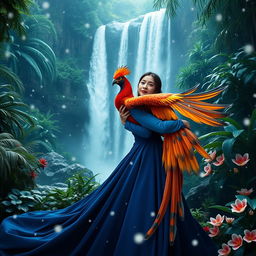 A woman dressed in a stunning navy blue gown is gently hugging a magnificent phoenix bird, its vibrant feathers contrasting beautifully with the deep blue of her dress