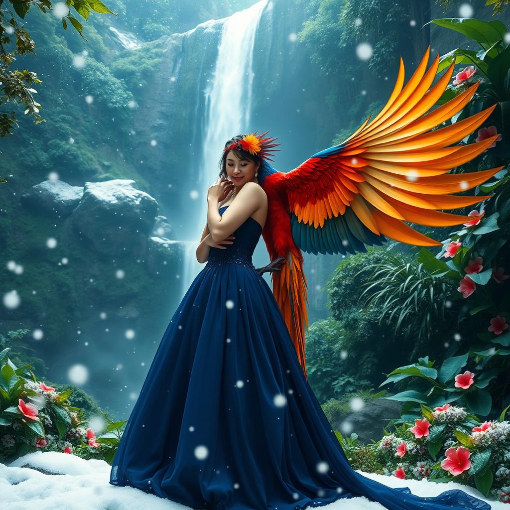 A woman dressed in a stunning navy blue gown is gently hugging a magnificent phoenix bird, its vibrant feathers contrasting beautifully with the deep blue of her dress