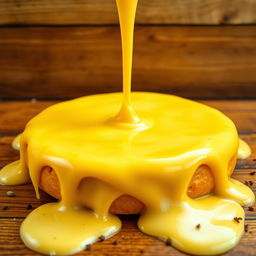 A visually captivating image of a large, circular mound of melting cheese, cascading in smooth, gooey streams