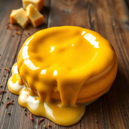 A visually captivating image of a large, circular mound of melting cheese, cascading in smooth, gooey streams