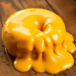 A visually captivating image of a large, circular mound of melting cheese, cascading in smooth, gooey streams