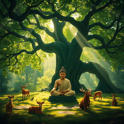 Siddhartha meditating peacefully under an ancient, sprawling tree in a lush, dense forest