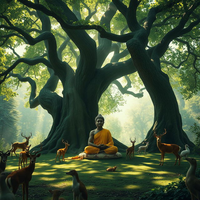 Siddhartha meditating peacefully under an ancient, sprawling tree in a lush, dense forest