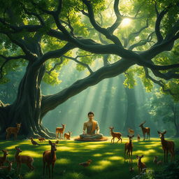 Siddhartha meditating peacefully under an ancient, sprawling tree in a lush, dense forest